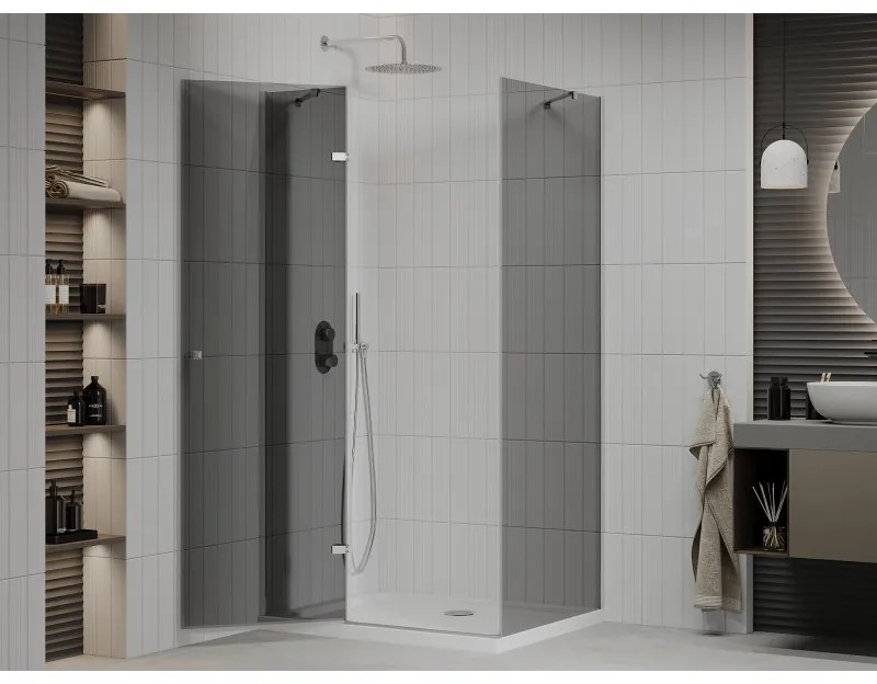 Mexen Roma, sprchový kút s krídlovými dverami 110 (dvere) x 80 (stena) cm, 6mm šedé sklo, chrómový profil + slim sprchová vanička biela + chrómový sifón, 854-110-080-01-40-4010