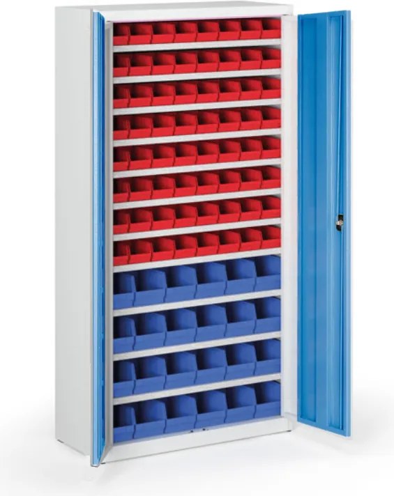 Skriňa s plastovými boxami BASIC - 1800 x 400 x 920 mm, 64xA/24xB, sivá/modré dvere