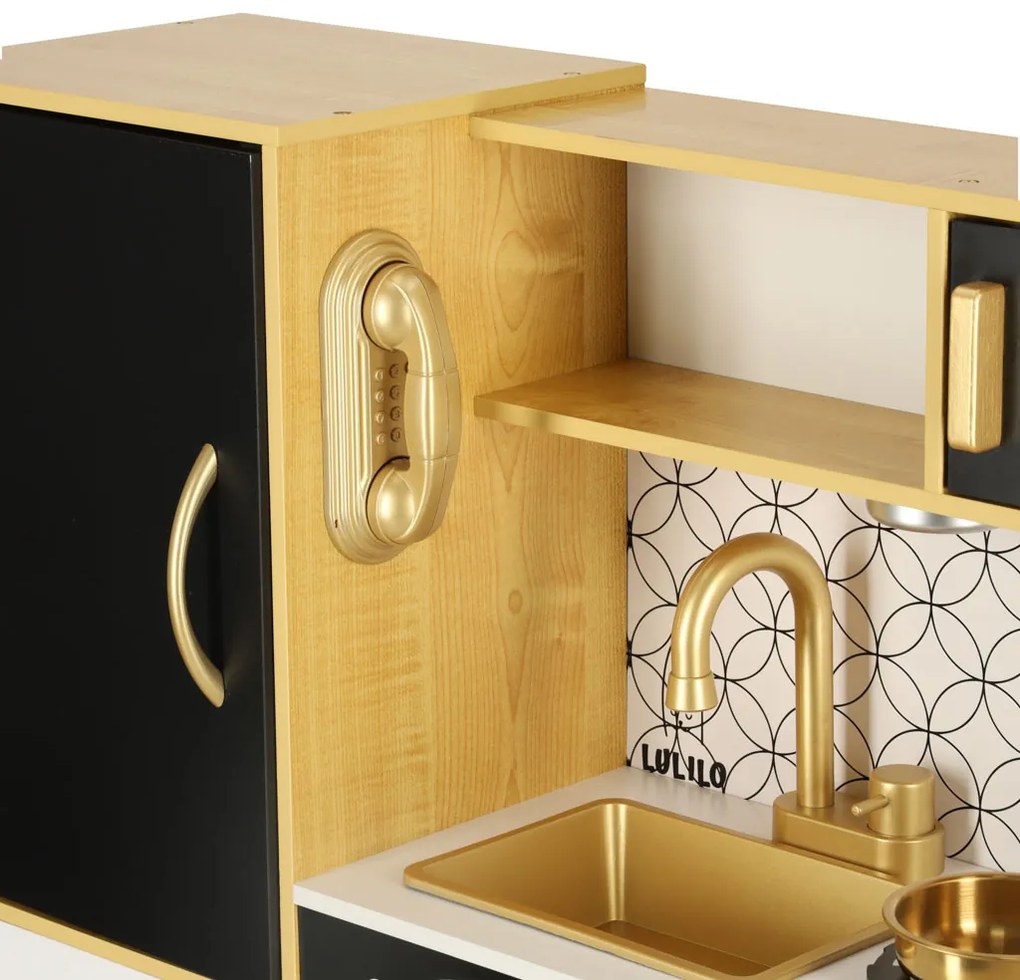 KIK Detská drevená kuchynka so svetlom a zvukom, chladnička, zlatá, 3+