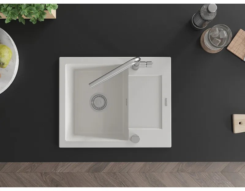 Mexen Enzo, 1-komorový granitový drez 576x465x174 mm a drezová batéria Flora, biela, 6506-20-670401-00