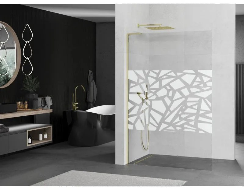 Mexen Kioto L, sprchová zástena Walk-In 70 x 200 cm, 8mm číre sklo biely vzor, zlatý lesklý profil,800-070-103-50-78
