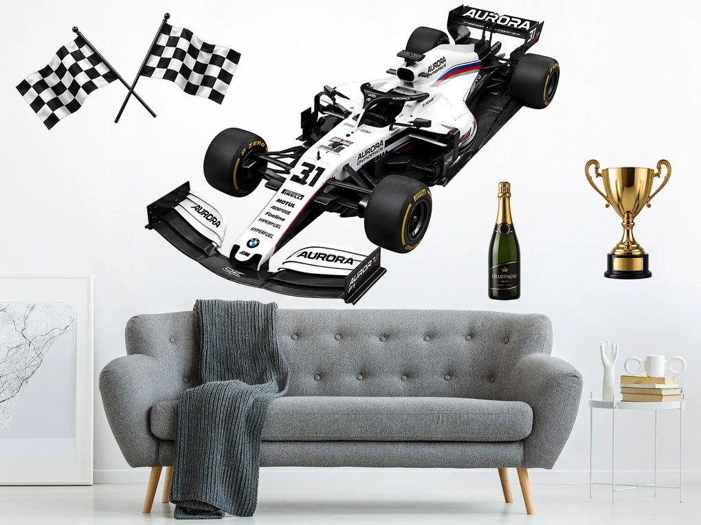 Biela formula F1 textilní prelepiteľná nálepka na stenu hárok 75 x 55 cm