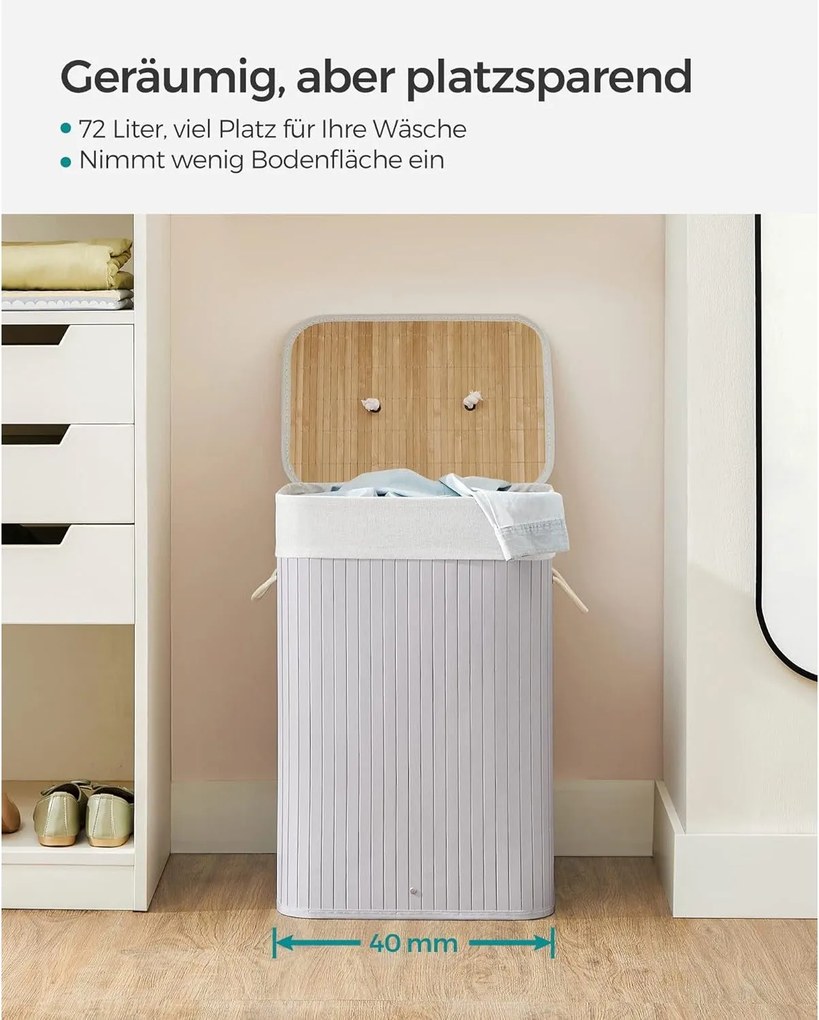 Kôš na bielizeň s vekom 72L Bambusový skladací kôš na prádlo, sivý