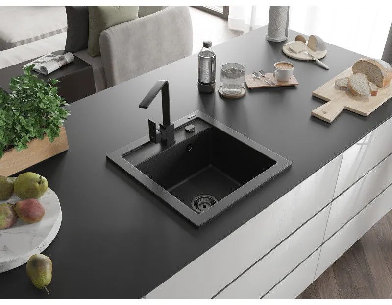 Mexen Vito, 1-komorový granitový drez 520x490x210 mm, čierna batéria Rita, čierna-strieborná metalíza, 6503-73-670300-70-B