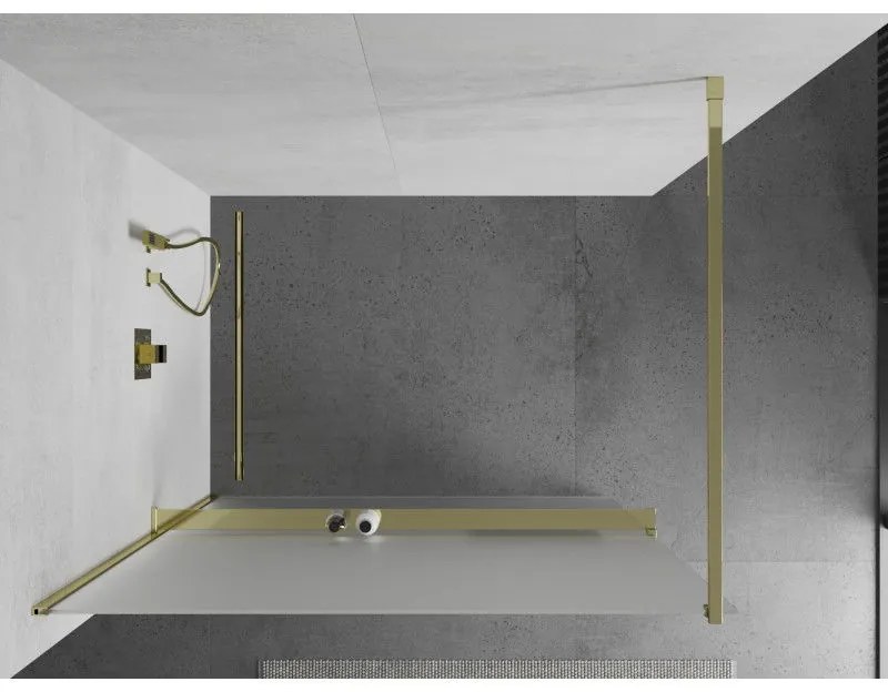 Mexen Kioto+, sprchová zástena s poličkou a držiakom na uteráky 70 x 200 cm, 8mm námraza sklo, zlatý profil, 800-070-121-50-30