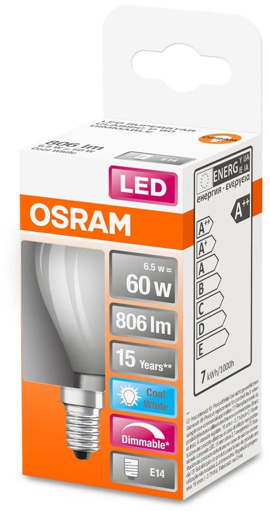 OSRAM LED kvapková E14 6,5W 827 stmievateľná