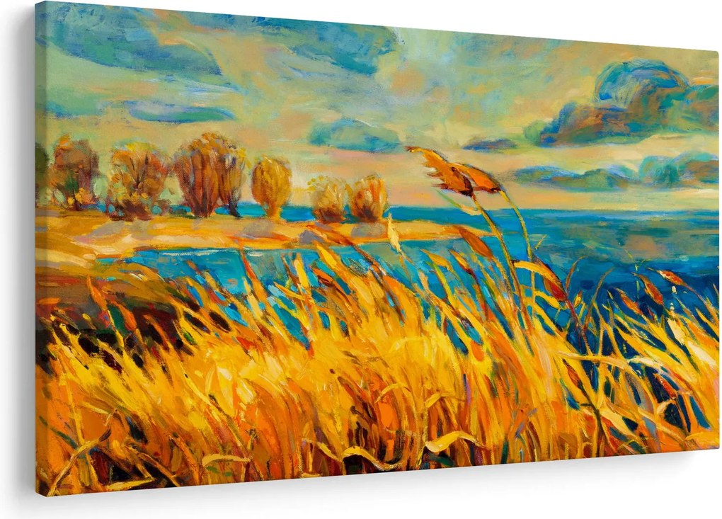 Obraz - Západajúce slnko nad jazerom, akrylová maľba (90x60 cm)