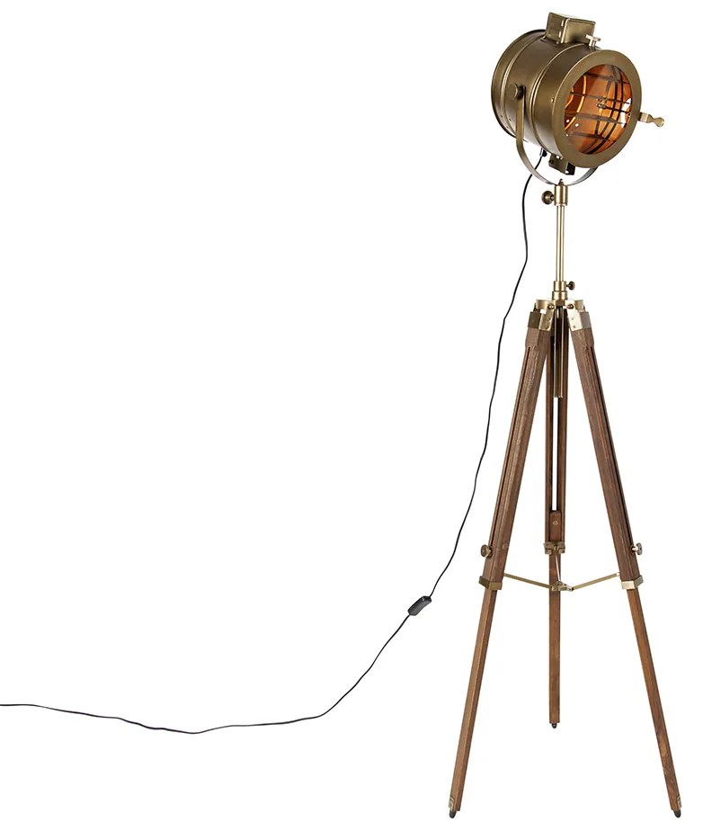 Trojnohá stojaca lampa bronzová s dreveným štúdiovým bodovým svetlom - Radient