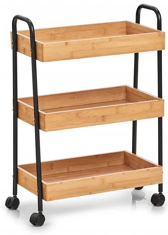 Pojazdný regál, vozík s 3 úložnými boxmi, bambus, čierny kov TROLLEY