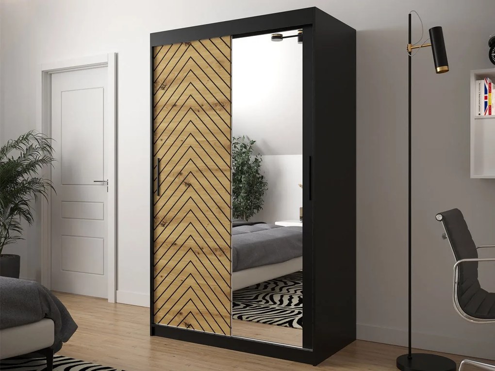 Moderná šatníková skriňa so zrkadlom Ratintu 2 120 cm, zásuvka: áno, Farby: dub artisan / dub artisan + čierna