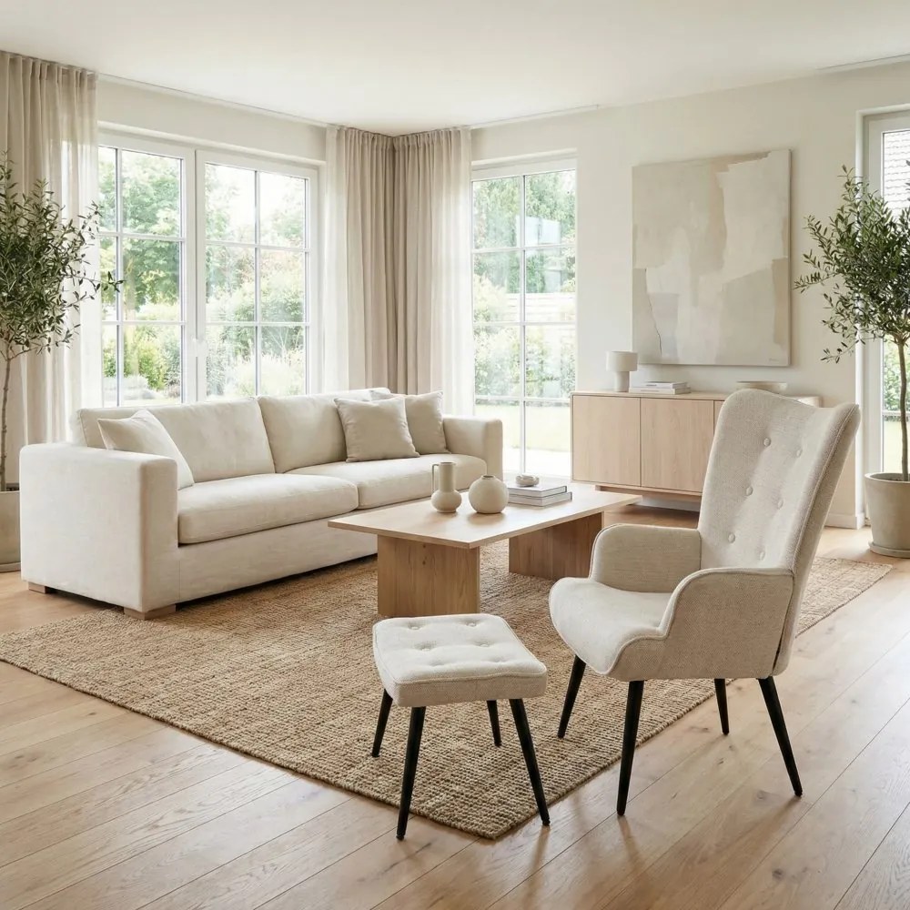 Relaxačné kreslo ušiak s taburetom ROYAL II — kov, látka, krémová