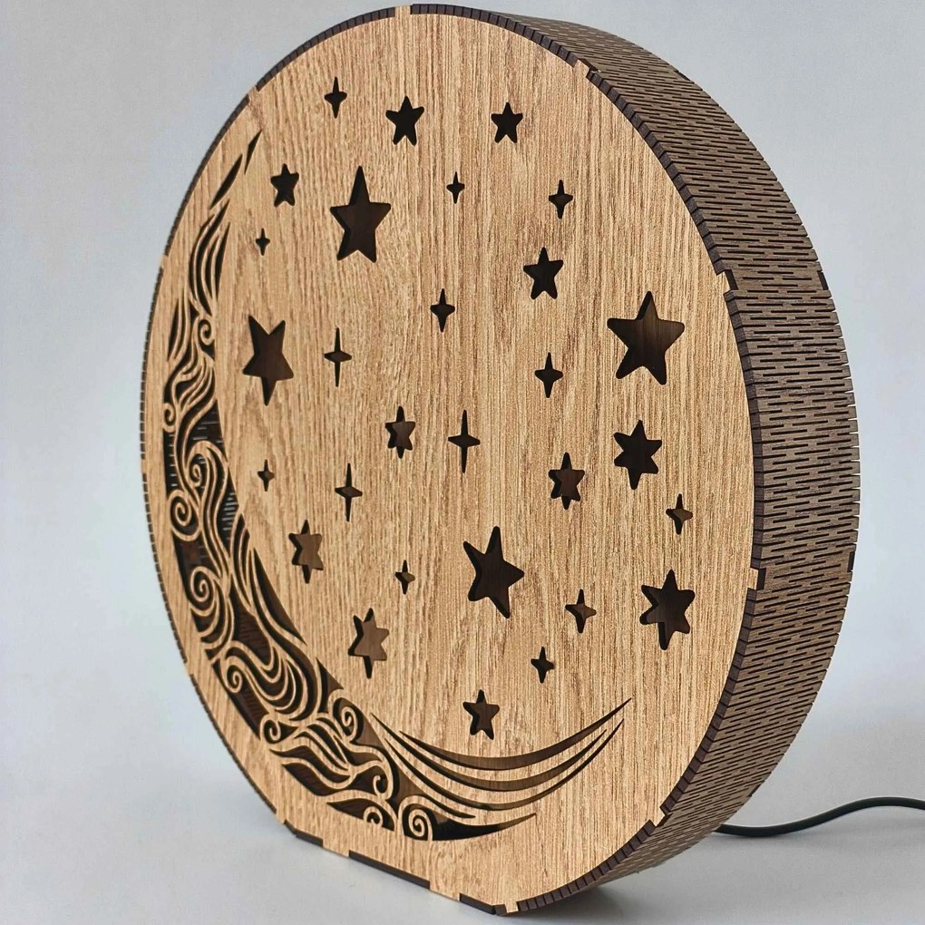Drevená stolová lampa Mesiac a hviezdy | AURA: HDF - Orech 20 cm 4794-115288 LED0612