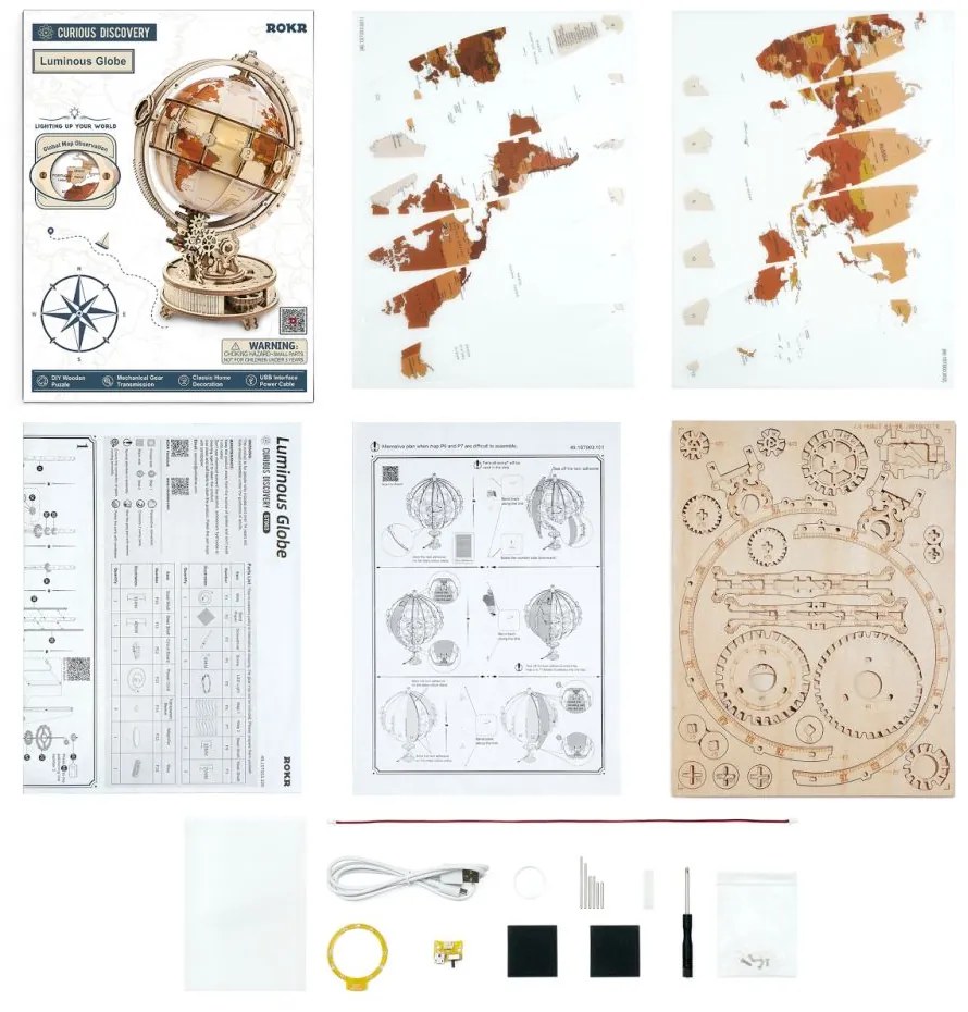 Robotime Rokr Svítící 3D dřevěné puzzle Globus 180 ks