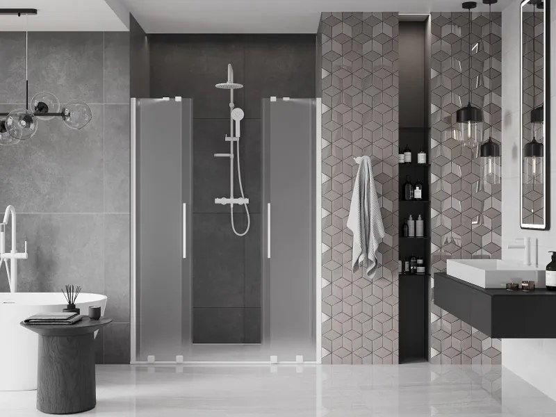 Mexen Velar Duo, posuvné sprchové dvere do otvoru 160 cm, 8mm sklo námraza, biela matná, 871-160-000-32-20