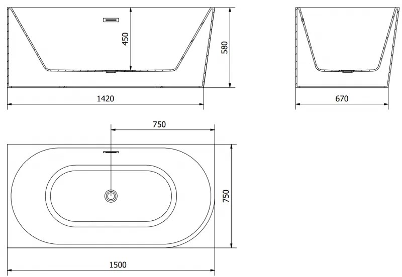 Mexen Mia, voľne stojaca rohová vaňa, lavá, 150 x 75 cm, biela-čierna, čierny matný prepad, 52691507575L-70