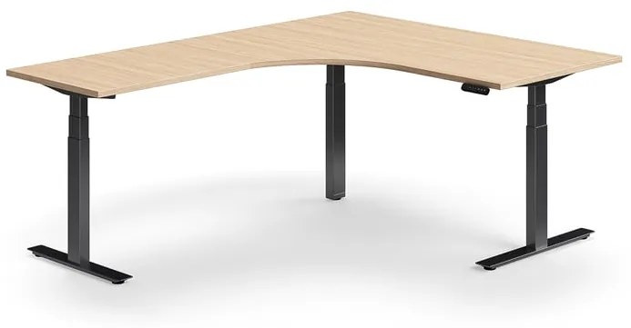 Výškovo nastaviteľný stôl QBUS, rohový, 1600x2000 mm, čierny rám, dub