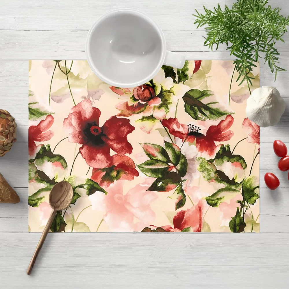 Biante Zamatové prestieranie na stôl Tamara TMR-051 Abstraktné červené kvety na žltobéžovom 30x40 cm