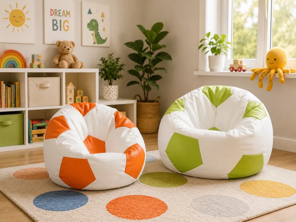 Set 2 sedacích vakov do detskej izby Sport L Ekokoža – oranžový a zelený