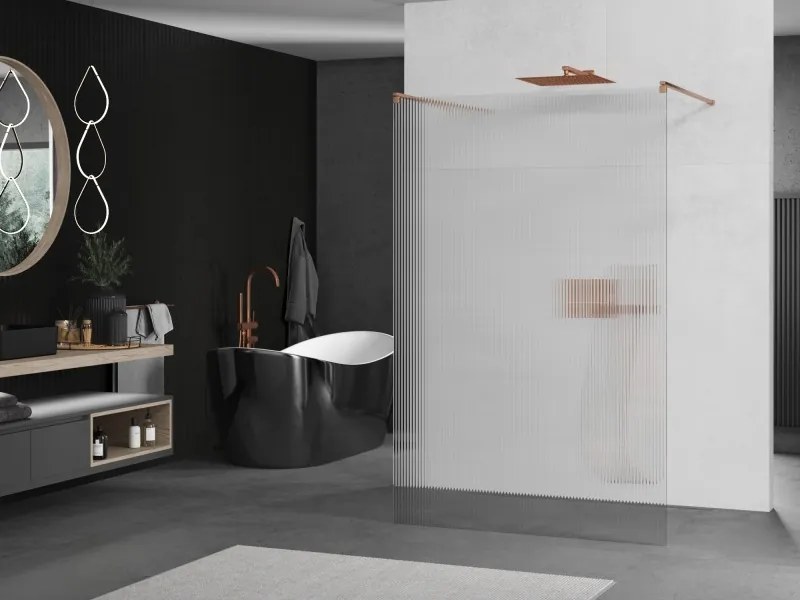 Mexen Kioto, sprchová zástena Walk-In 100 x 200 cm, 8mm sklo s rebrovým vzorom, medený matný profil, 800-100-002-65-09