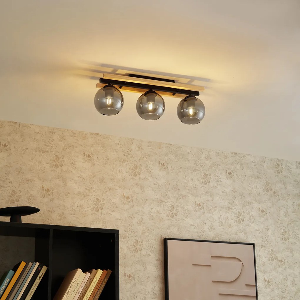 Smart plafondlamp zwart met hout en smoke glas 3-lichts incl. Wifi A60 - Aleks