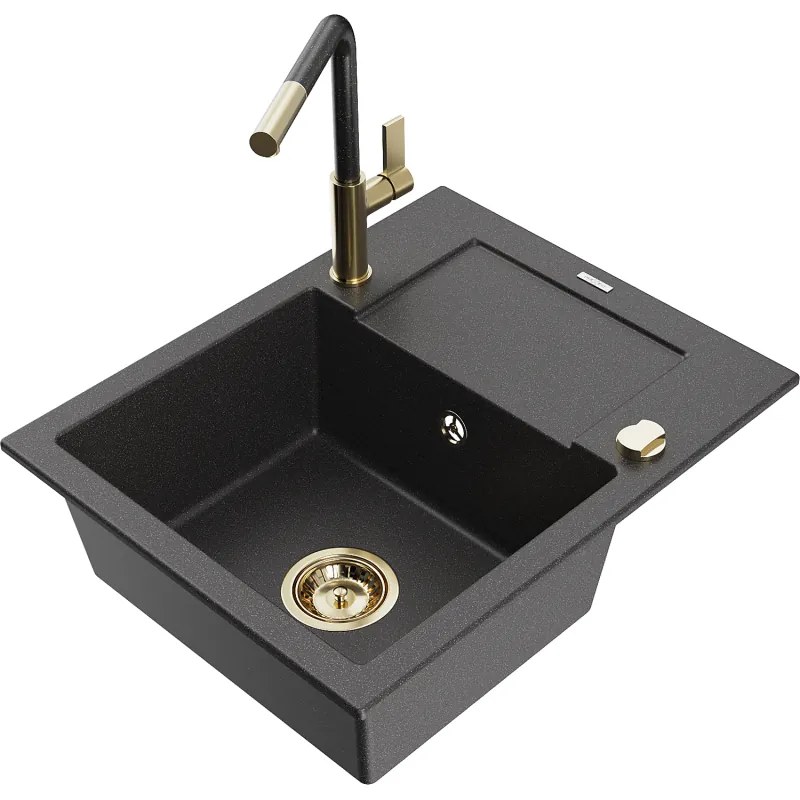 Mexen Enzo, 1-komorový granitový drez 576x465x174 mm a drezová batéria Flora, čierna škvrnitá, 6506-76-670401-75-G