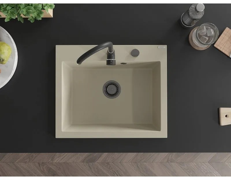 Mexen Elix, 1-korový granitový drez 600 x 500 mm, béžová, čierny sifón, 6525601005-69-B