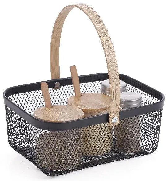 CONFORTIME Kovový košík s bambusovou rukoväťou, čierny 23,5 x 17,5 x 10 cm
