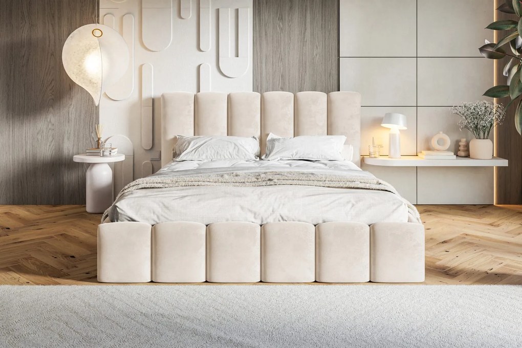 Čalúnená manželská posteľ s úložným priestorom SLIM 11 - béžová zamat | 160×200