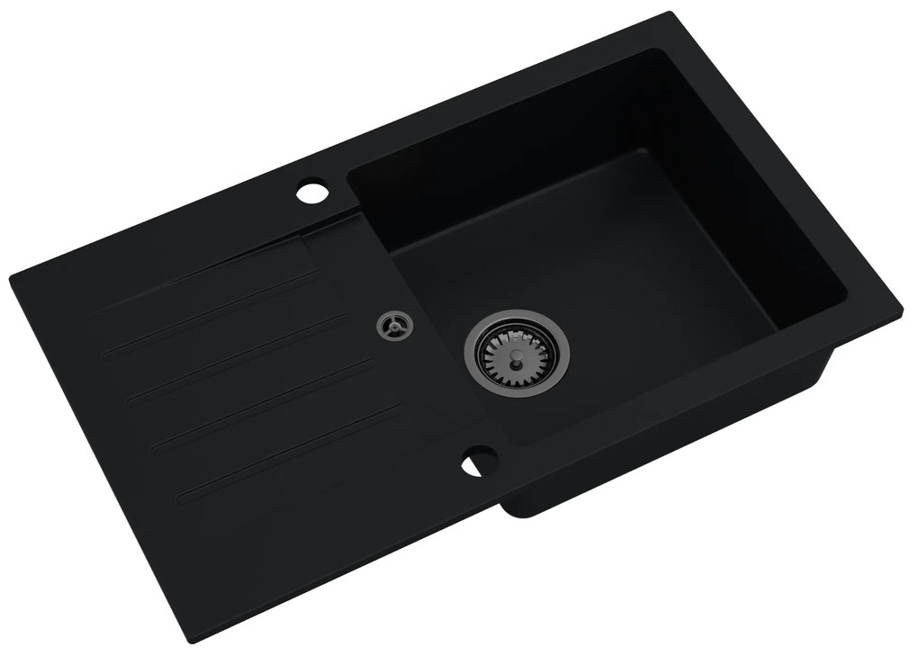 Sink Quality Natalie, kuchynský granitový drez 770x450x170 mm + čierny sifón, čierna, SKQ-NAT.C.1KDO.XB