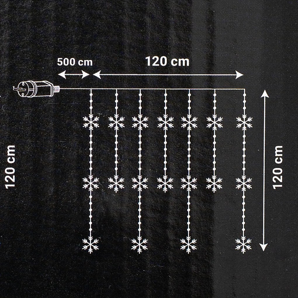 Svetelný vonkajší záves Snowflakes, 120x120cm, LED, studená biela, časovač, 8 funkcií, na batérie, 120 cm