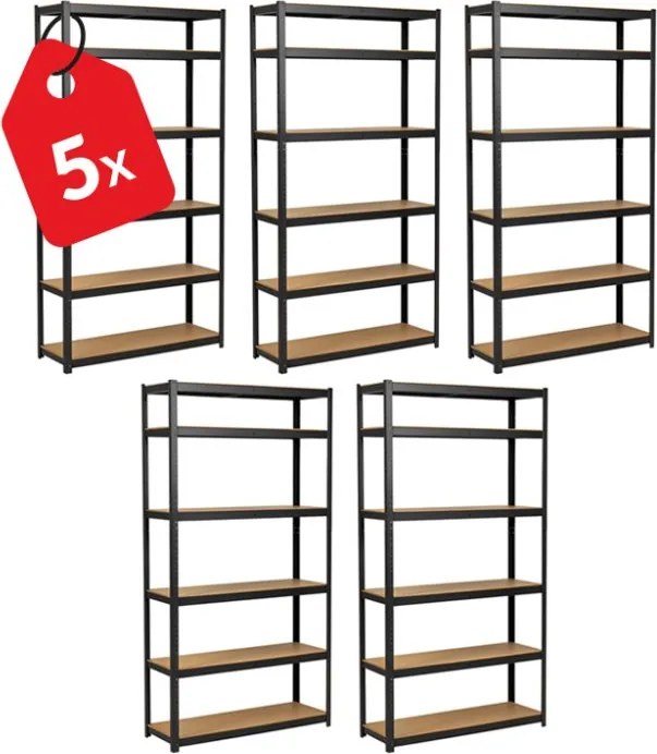 Akcia 5x Regál 240x90x50 cm lakovaný 6-policový, nosnosť 1050 kg - čierny