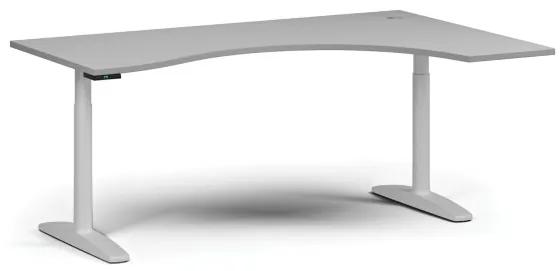 Výškovo nastaviteľný stôl OBOL, elektrický, 675-1325 mm, ergonomický pravý, doska 1800x1200 mm, biela zaoblená podnož, sivá
