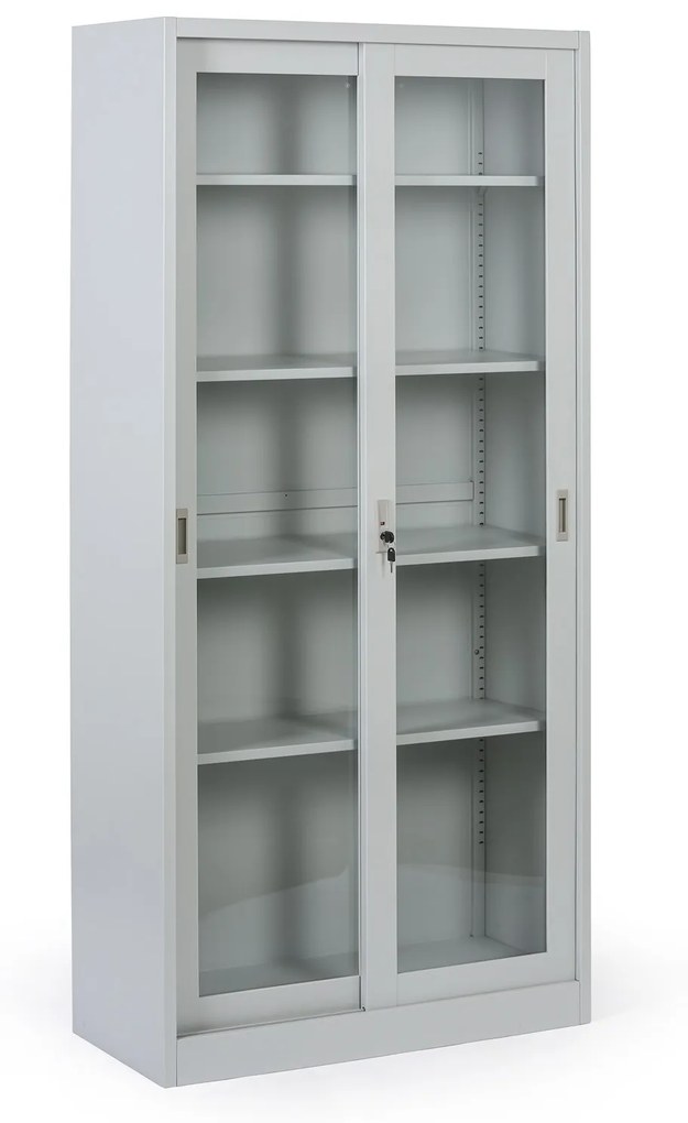 Kovová policová skriňa s presklenými posuvnými dverami, demontovaná, 900 x 1950 x 400 mm