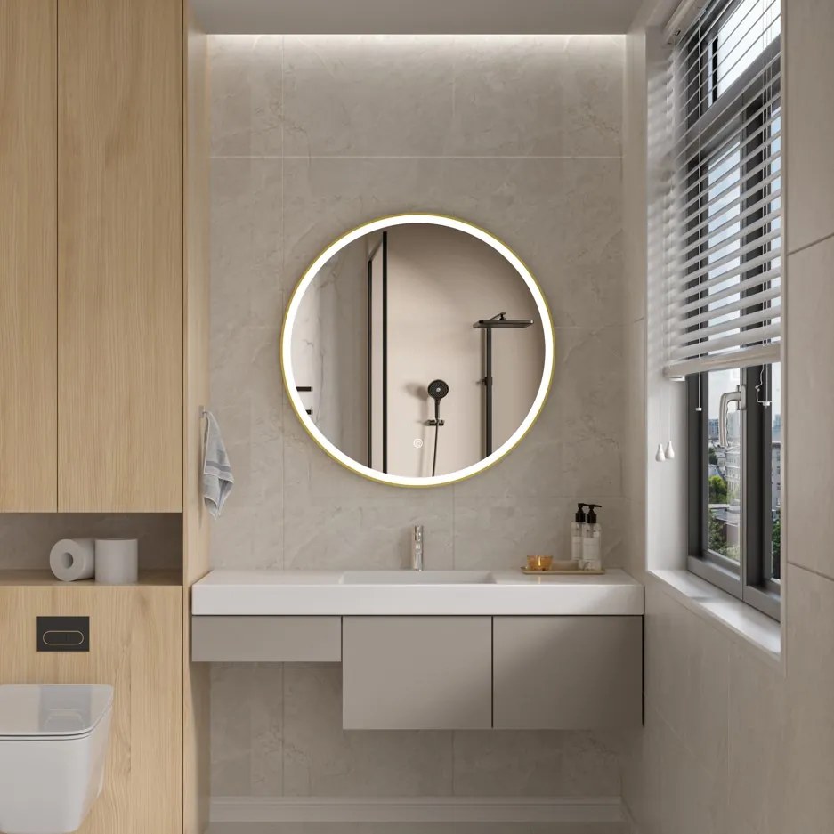 Erga Olivia, okrúhle LED zrkadlo 90cm, zlatý kovový rám, 2070 lm, 6500K, predné osvetlenie, ERG-V01-202-9090-GD