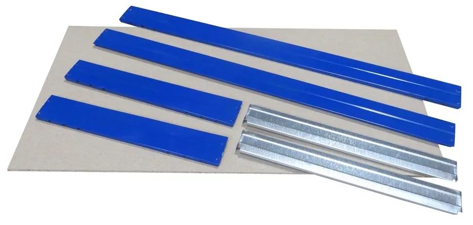 Majster Regál Bezskrutkový kovový regál s HDF policou – extra polica 150x45cm, 400kg na policu, modrá farba