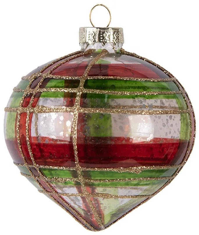 Červenozelená károvaná sklenená ozdoba špicatá banka - Ø 8*8 cm