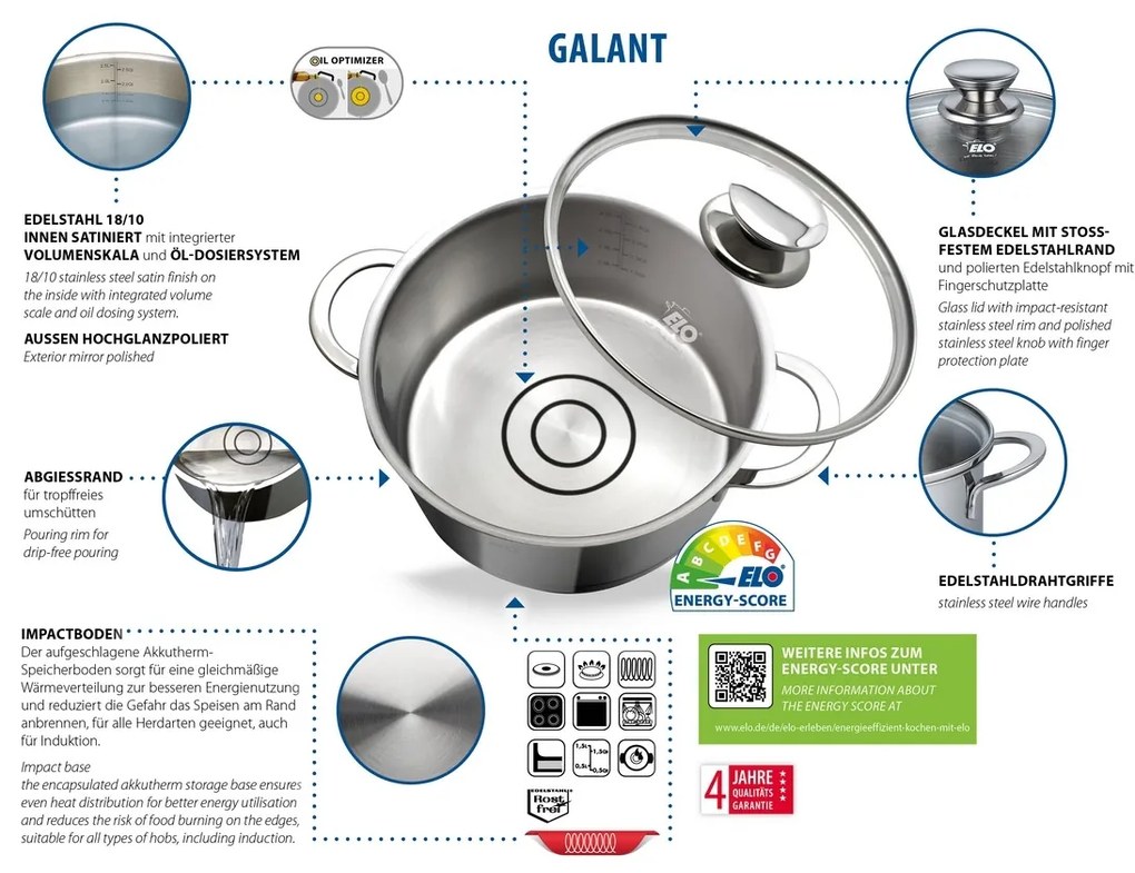 Elo 72540 Nerezový hrniec Galant 20 cm, 2,7 l, 2,7 l