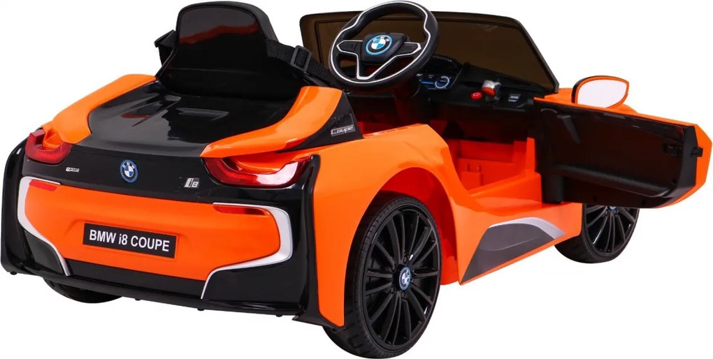 Ramiz BMW I8 Lift Battery Car Oranžová + diaľkové ovládanie + pomalý štart + 3-Pkt pásy + MP3 USB + LED