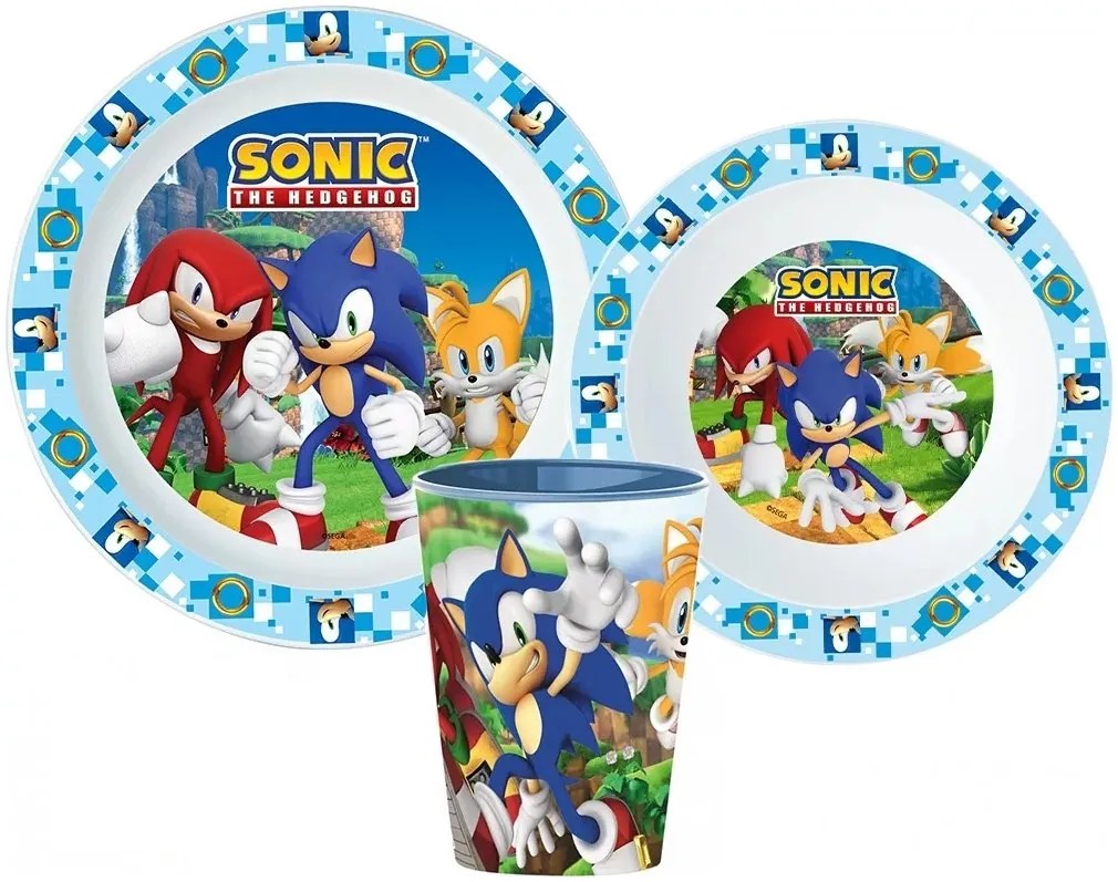 Sada plastového riadu / jedálenská súprava Ježko Sonic s kelímkom - 3 diely