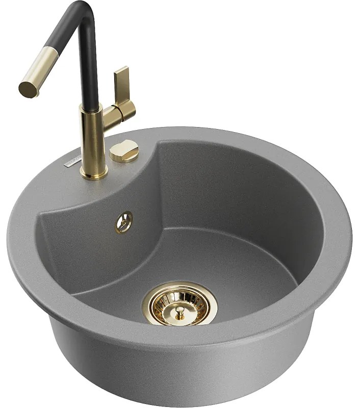 Mexen Diego, 1-komorový granitový drez 488x488x167 mm a drezová batéria Flora, šedá, 6512-71-670401-57-G