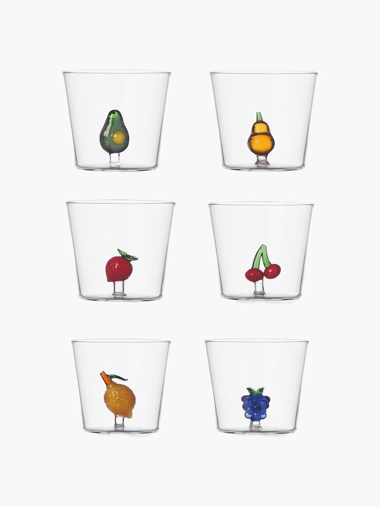 Ručne vyrobené poháre na vodu z borosilikátového skla Fruits & Flowers, 6 ks