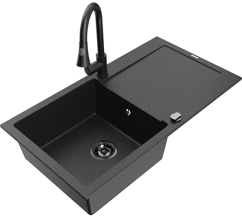 Mexen Leo, 1-komorový granitový drez 900x500x190 mm a drezová batéria Elia, čierna-strieborná metalíza, 6501-73-670101-70-B