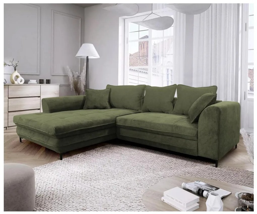 Rozkladacia rohová sedacia súprava v tvare L s úložným priestorom LAGOA, ľavé prevedenie, zelená