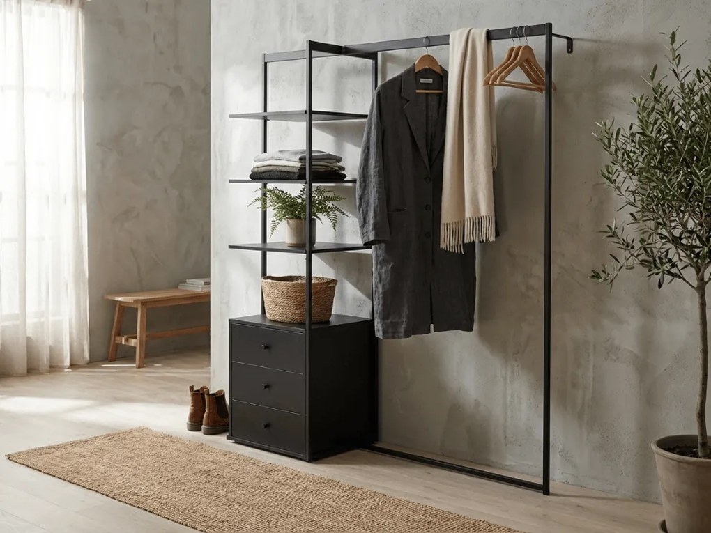 Stojan na oblečenie s regálom ARDEO 150x180 cm, čierny