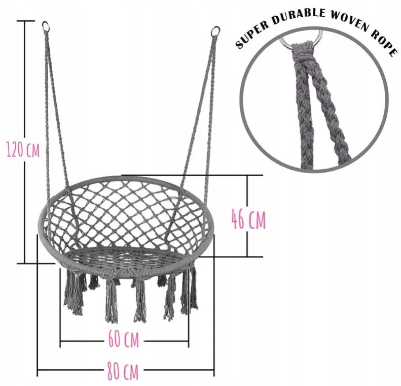 Závesné kreslo s vankúšom - bocianie hniezdo 80 cm sivá