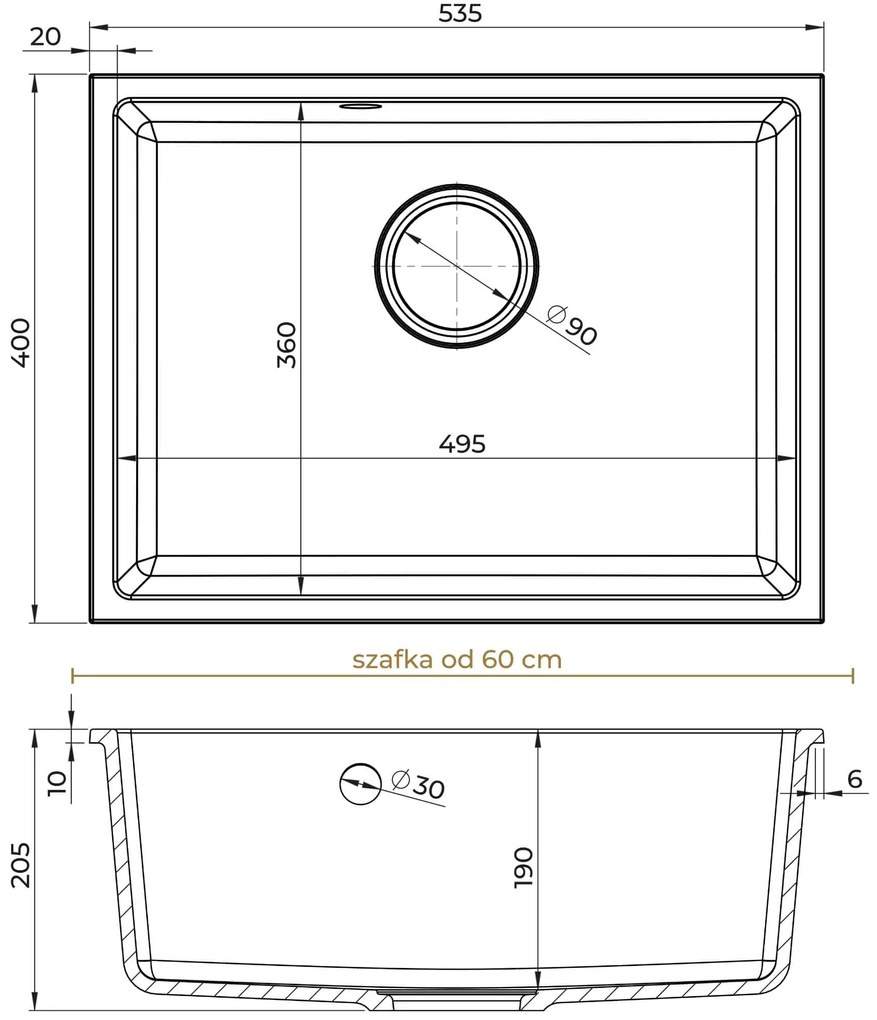 Sink Quality Crypton 60, kuchynský granitový drez 535x400x205 mm + zlatý sifón, čierna, SKQ-CRY.C.1KBO.60.XG
