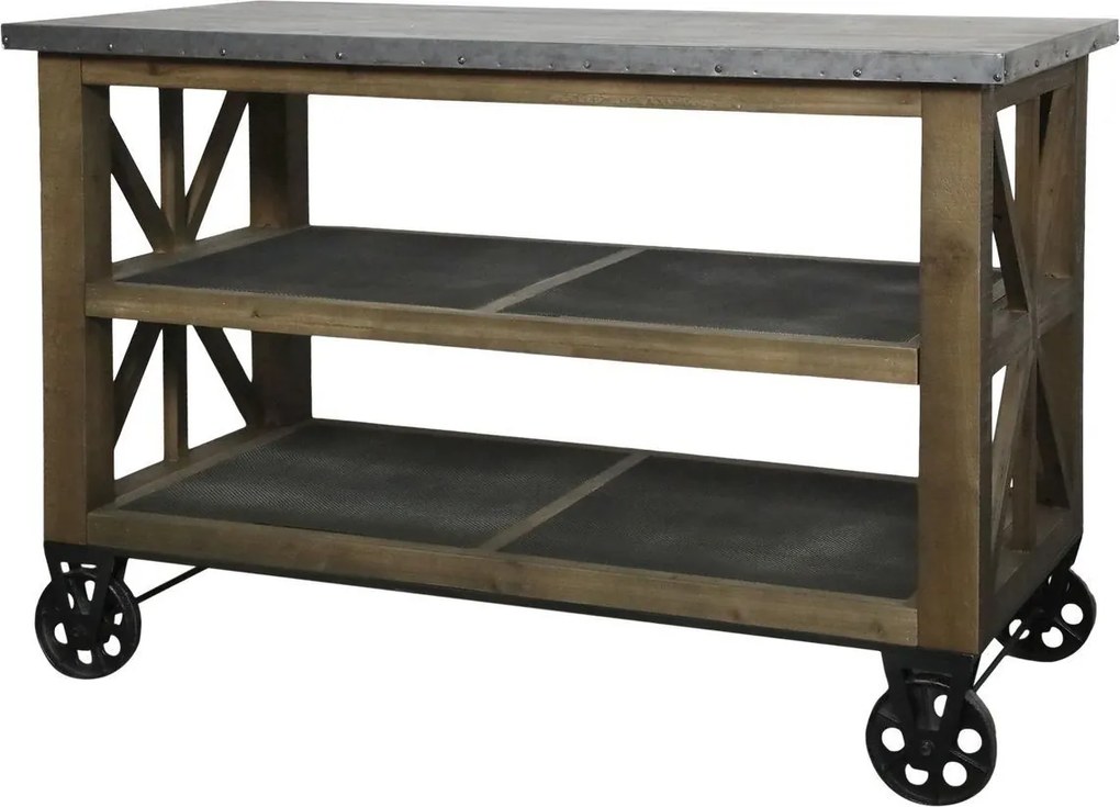 Hnedý antik drevený vozík ostrovček na kolieskach Elloa - 150*70*90 cm