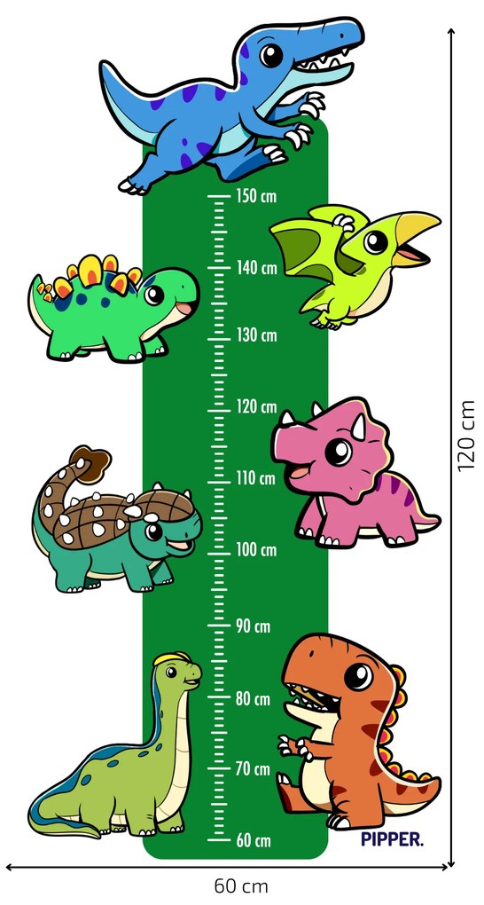 PIPPER. Detský meter - Dinosaury - textilná nálepka na stenu
