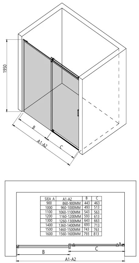 Erga Lynn, posuvné sprchové dvere do otvoru 160x195 cm, 8mm číre sklo, čierny profil, ERG-V02-LYNN-D160-CL-BK