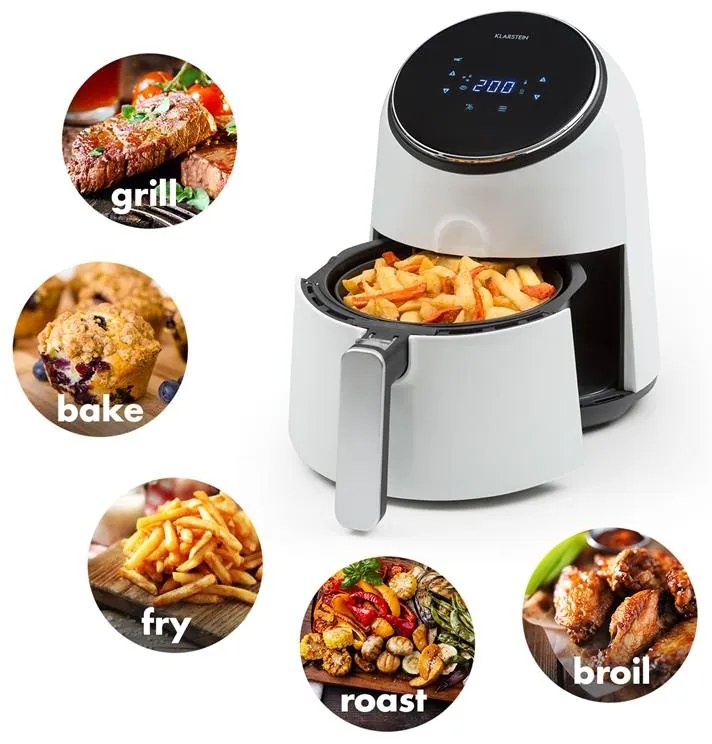 Klarstein AirVital, teplovzdušná fritéza, 1300 W, 2,5 l, nepriľnavý povrch CeraPlus, dotykové ovládanie, biela